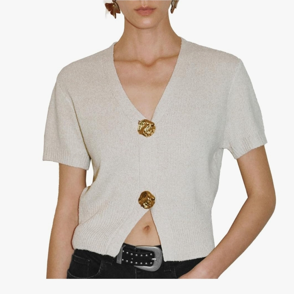 Beige Knit Cardigan Top L Gold Button V Neck Minimalist Chic Sweater